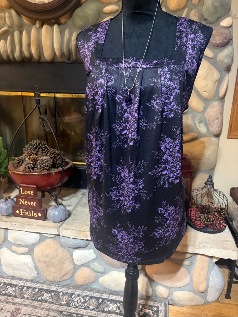 Black Sleeveless Tunic with Purple Floral Print